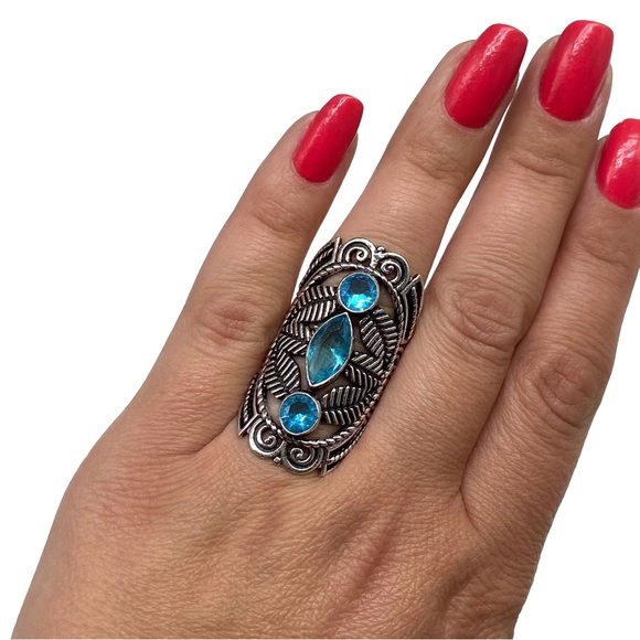 Artisan Jewelry - Blue Topaz Ring Size 6 Sterling Silver 925 Overlay Multi Stone